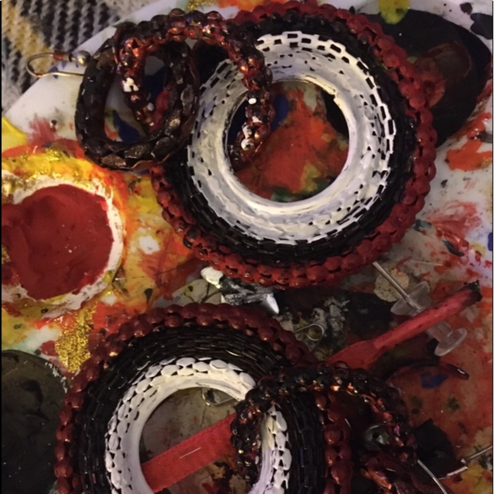 Red black and white hand painted loop earrings